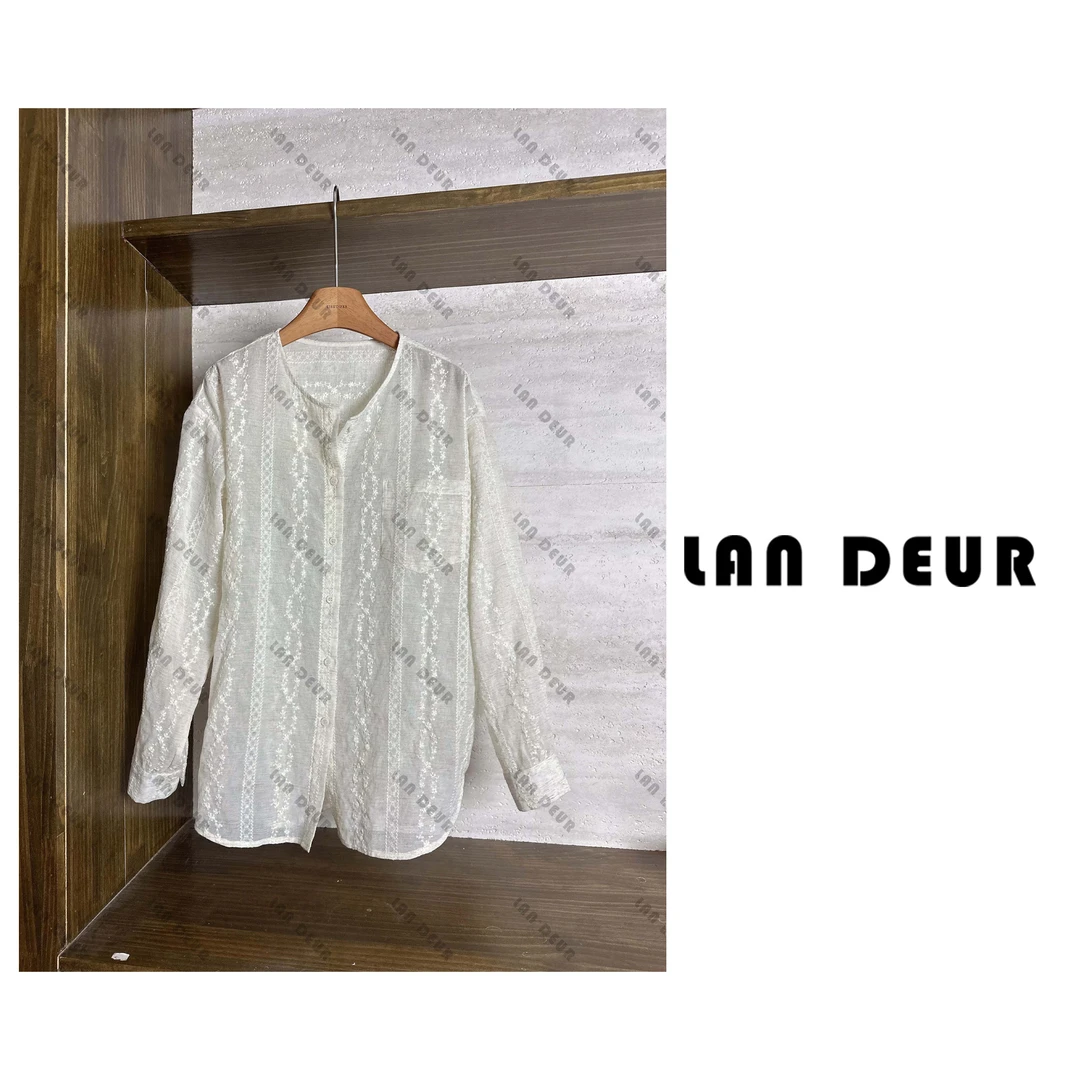 JIUJIU【南意小镇】亚麻立体提花气质长袖时尚休闲中长款上衣女防晒