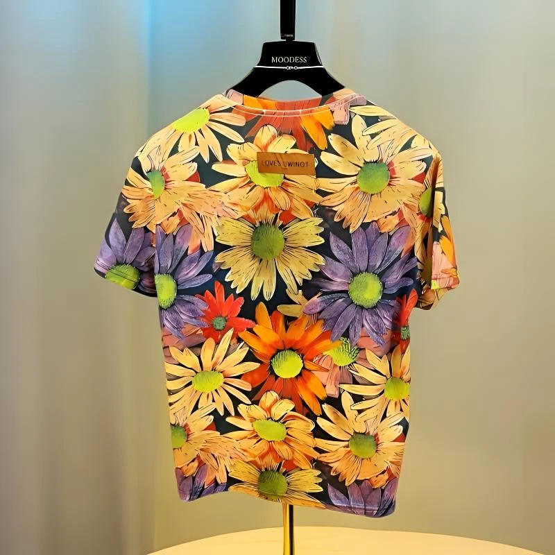 BW-圆领短袖夏季撞色通用向日葵T恤小衫男士满印气质网红-K-355