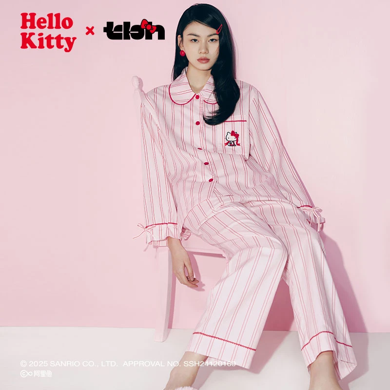 tbh/野兽派家居三丽鸥Hello Kitty天丝棉家居服套装四季条纹睡衣