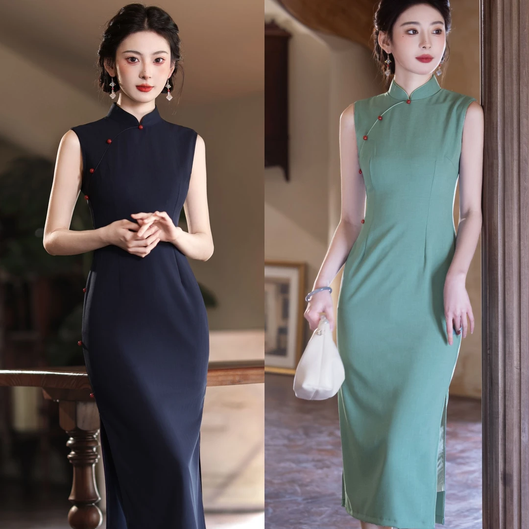 【青未了】2025春款新出炉弹力棉气质国风改良双色优雅无袖旗袍