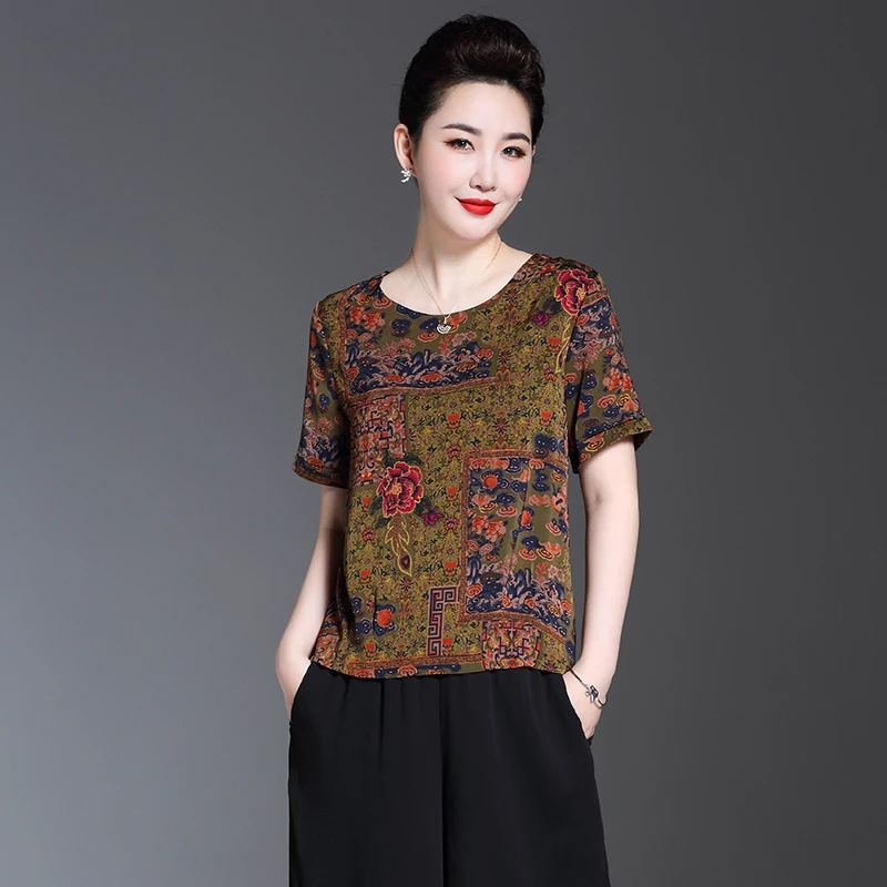 圆领套头仿真丝桑蚕丝上衣女夏季妈妈装薄款印花短袖T恤显瘦宽松
