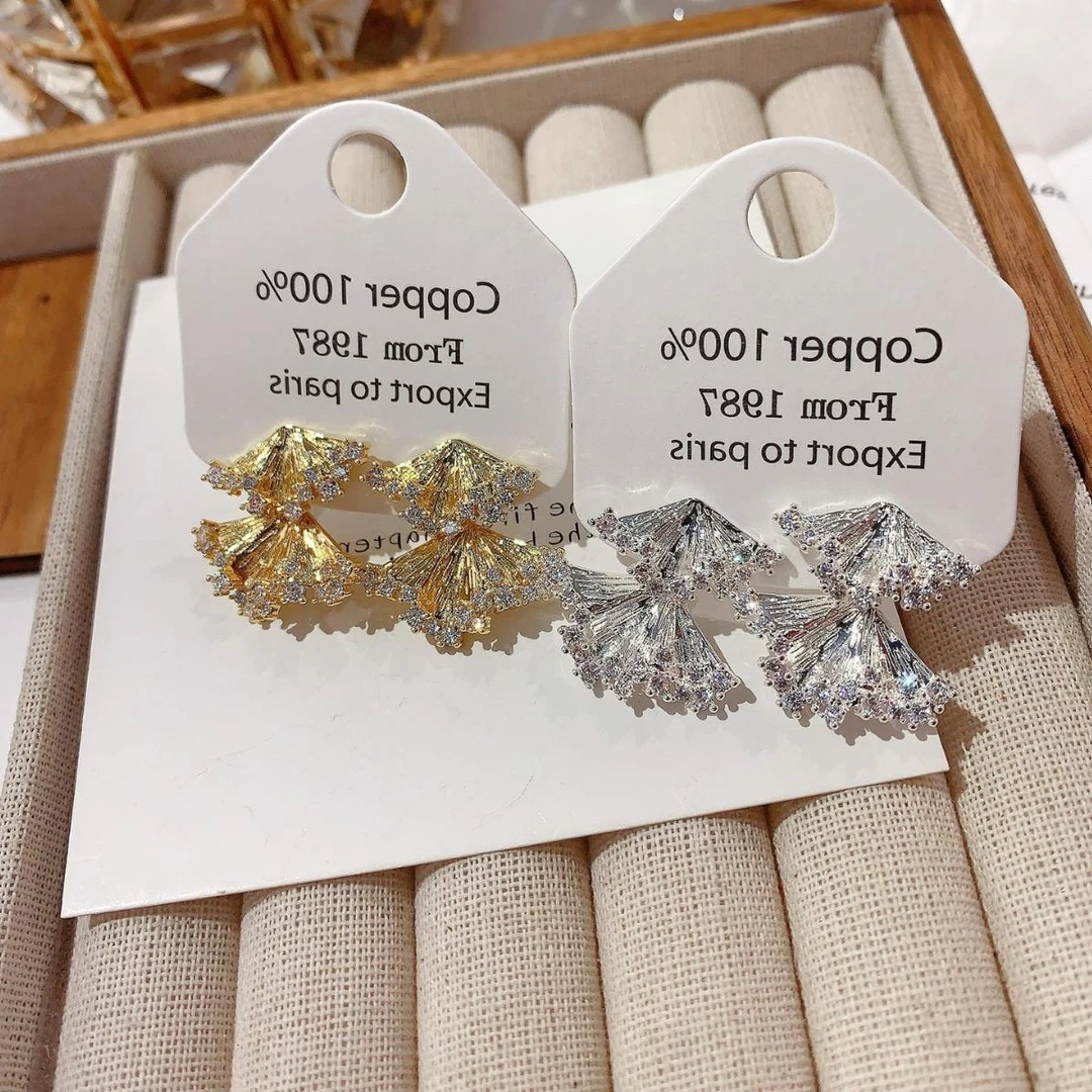 铜合金锆石耳饰 法式时尚轻奢温柔甜美扇形拉丝耳坠女小众设计高