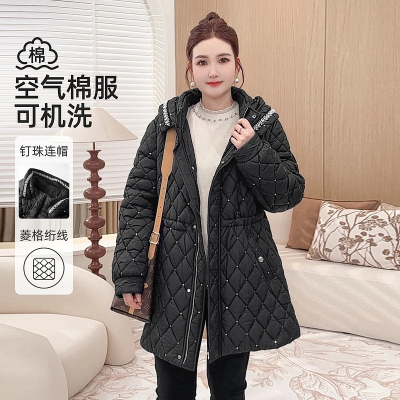 【菱格钉珠连帽棉服】MsShe大码女装2025春装压花外套E2411043