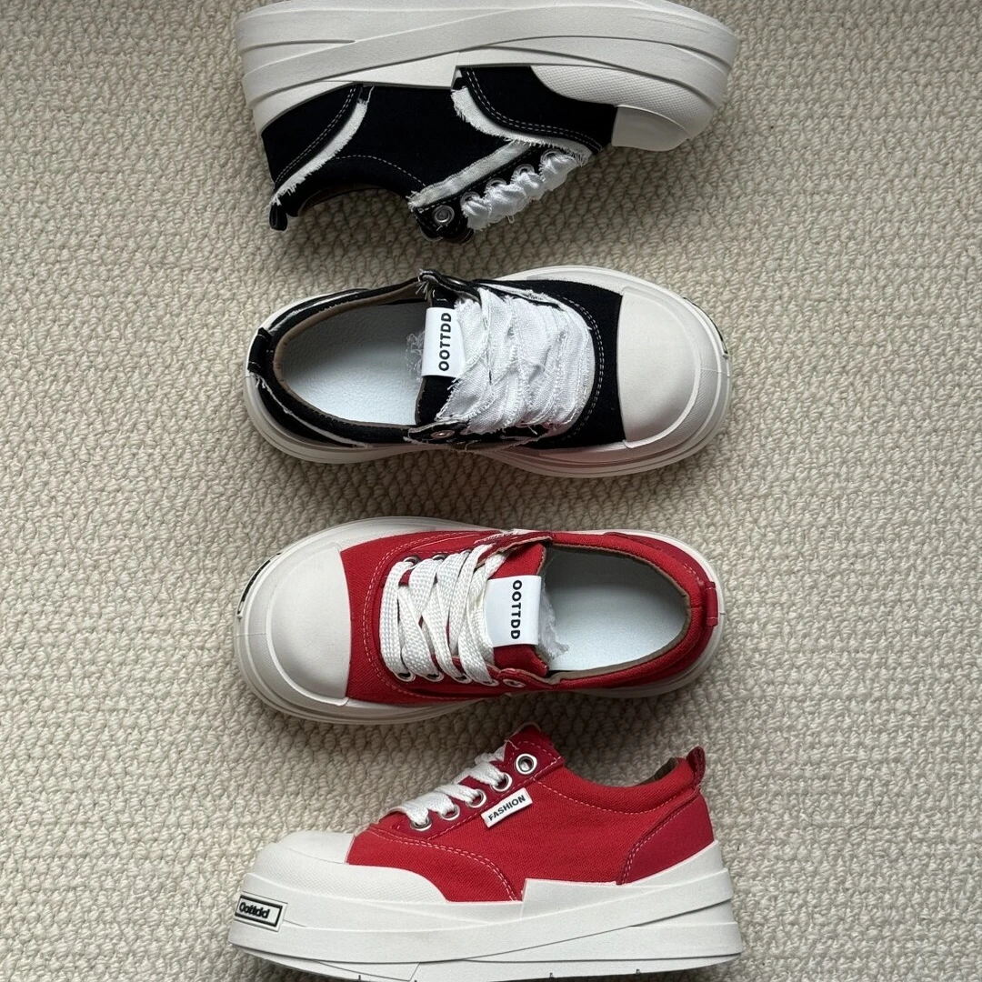 拼色常规胶粘鞋增高厚底帆布鞋板鞋时尚百搭红色休闲经典