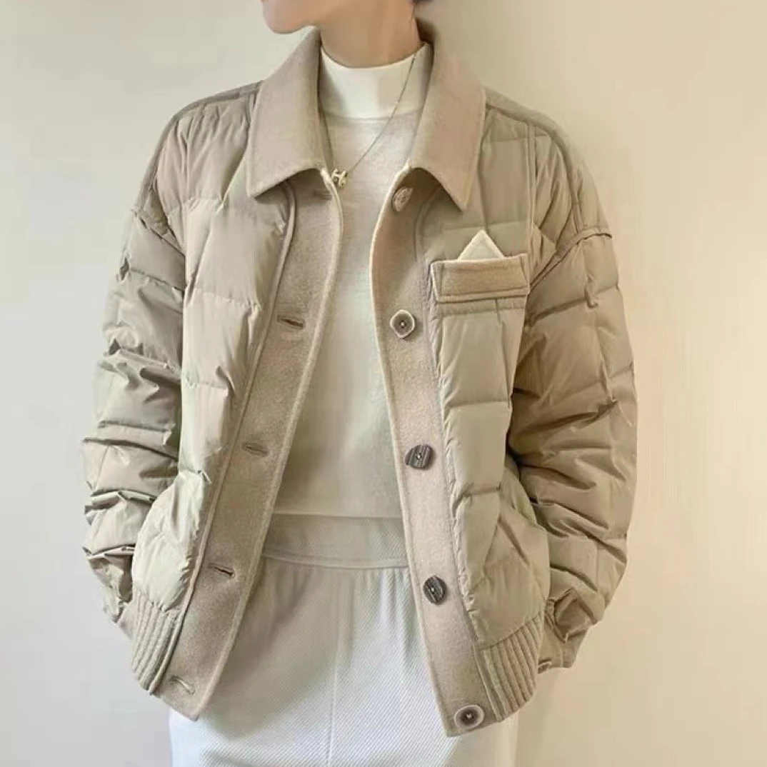 小方格毛呢拼接短款高端羽绒服韩版休闲秋冬时尚保暖轻薄女冬季