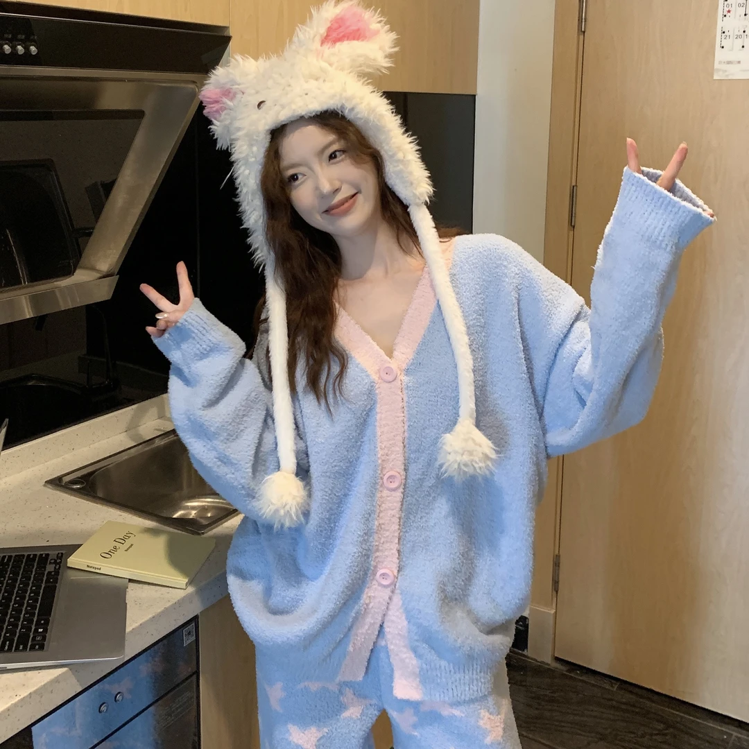 高级感简约撞色针织半边绒睡衣女秋冬新款加厚保暖家居服套装冬天