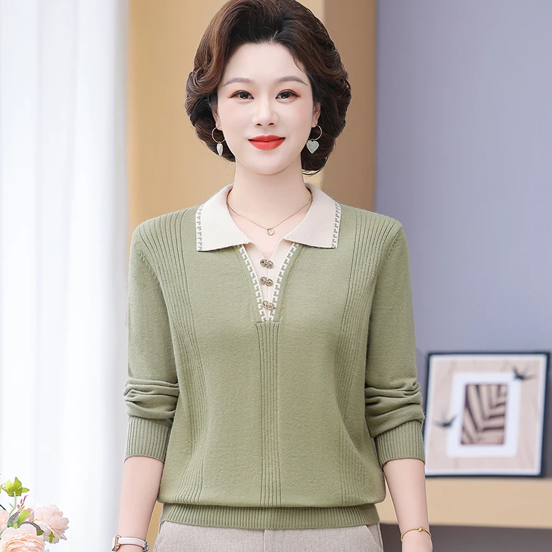 秋装秋季妈妈长袖新款针织衫洋气翻领中老年宽松气质毛衣时尚打底