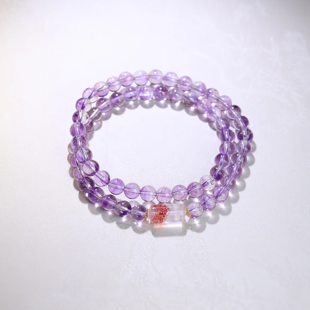 <紫璎双圈>透体紫超七紫发晶配金草莓卡6mm水晶手串+