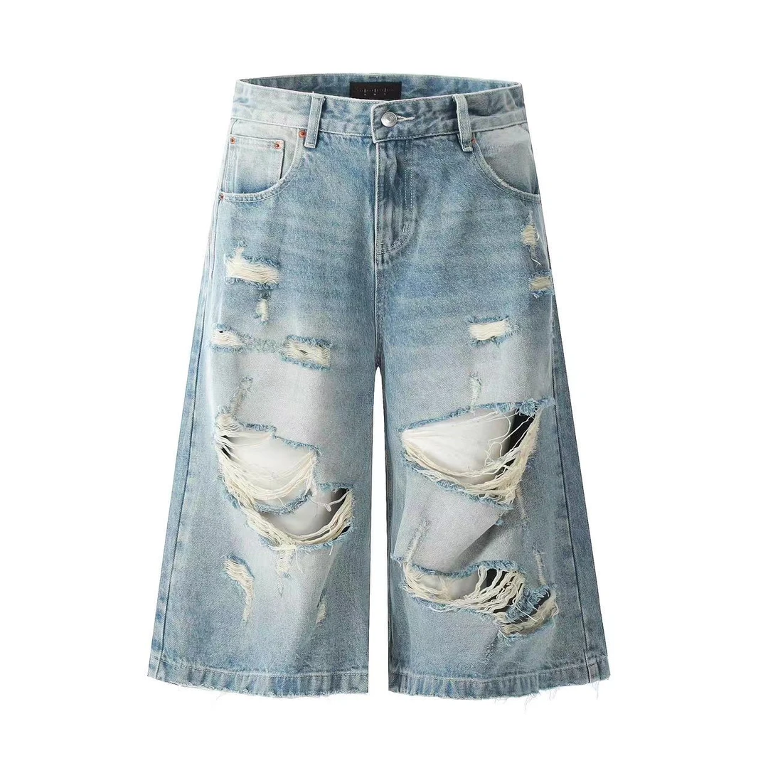 Yc-（Second store）浅蓝色破洞磨破个性七分牛仔裤