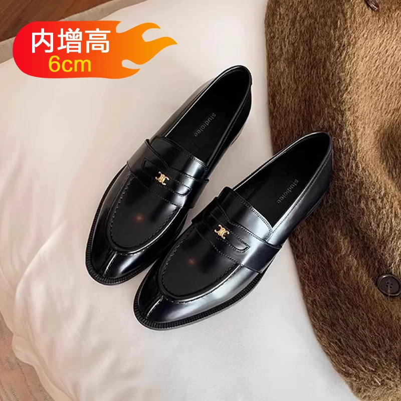 内增高~牛津教授~凯旋门金扣一脚蹬懒人黑色乐福单鞋女小皮鞋粗跟