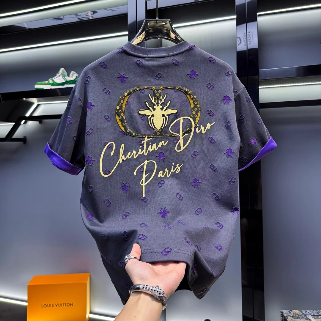 大码300斤欧货男士高端烧花蜜蜂短袖t恤新款夏季潮牌宽松轻奢半袖