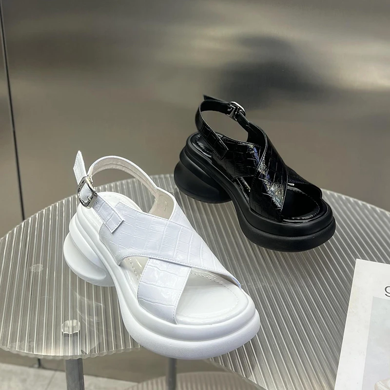 增高凉鞋女2024年夏季新款真皮露趾厚底交叉带百搭坡跟鞋H9738-3