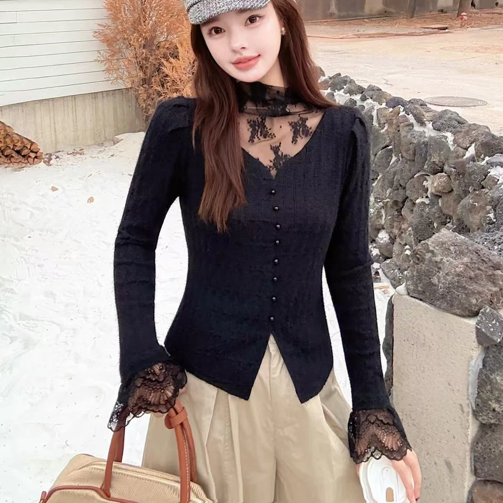秋冬新款蕾丝拼接针织内搭打底衫女气质泡泡袖上衣8959