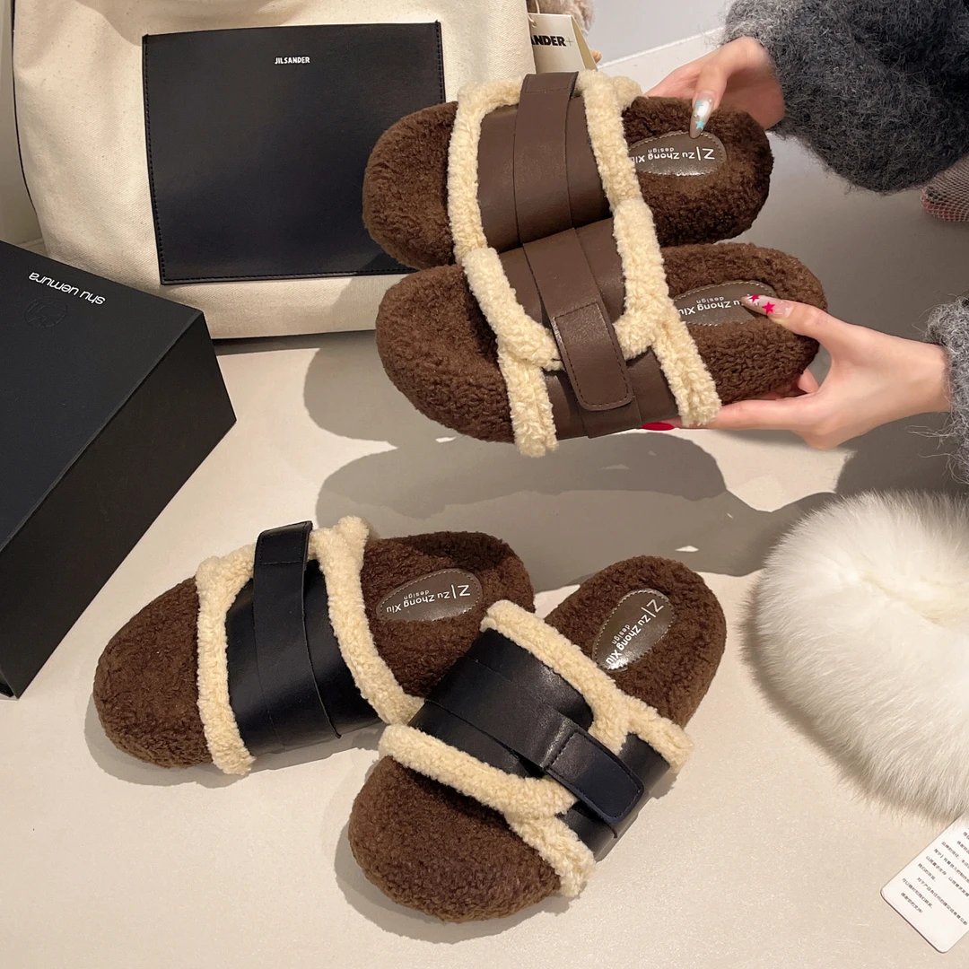 韩版厚底毛毛鞋外穿圆头保暖毛拖2025秋冬季通勤居家百搭一字拖