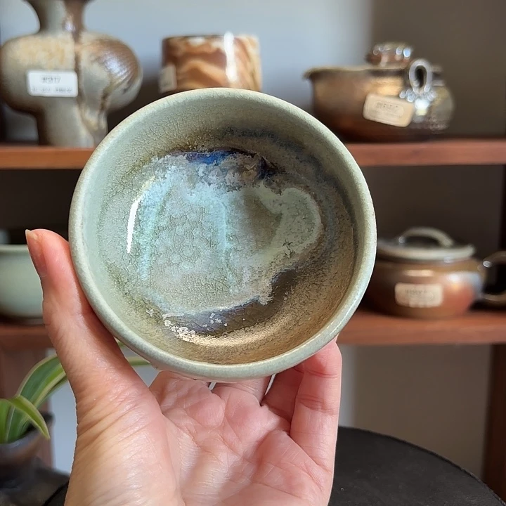 杯#1926柴烧裸烧窑变蓝彩茶杯