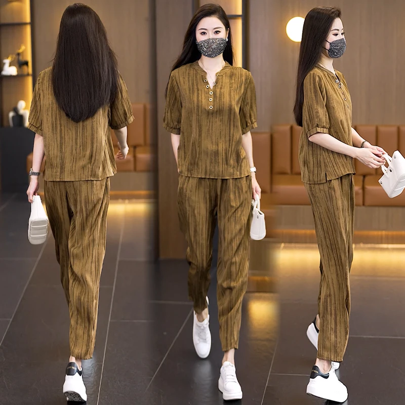 2025夏装新款时尚洋气妈妈显瘦遮肉胖妹妹两件套气质大码女装套装