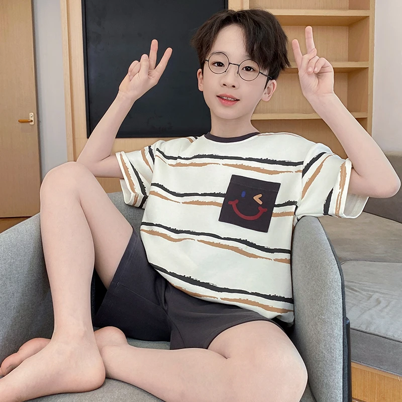 bejirog/北极绒大童休闲可外穿夏季薄款男童短袖纯棉亲子睡衣套装