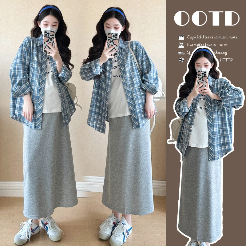 2025新款孕妇装春夏款韩系字母T恤蓝色格子衬衣孕妇裙外穿