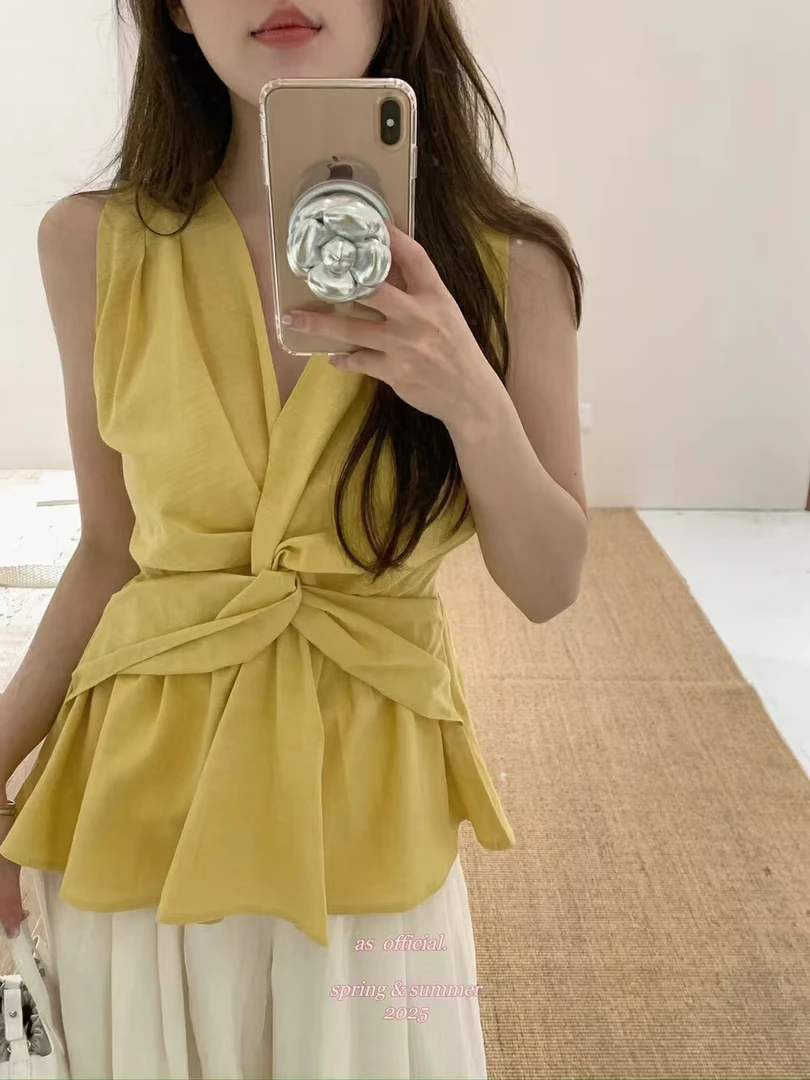 设计感纽结无袖吊带背心女夏季外穿宽松显瘦气质衬衫别致漂亮上衣