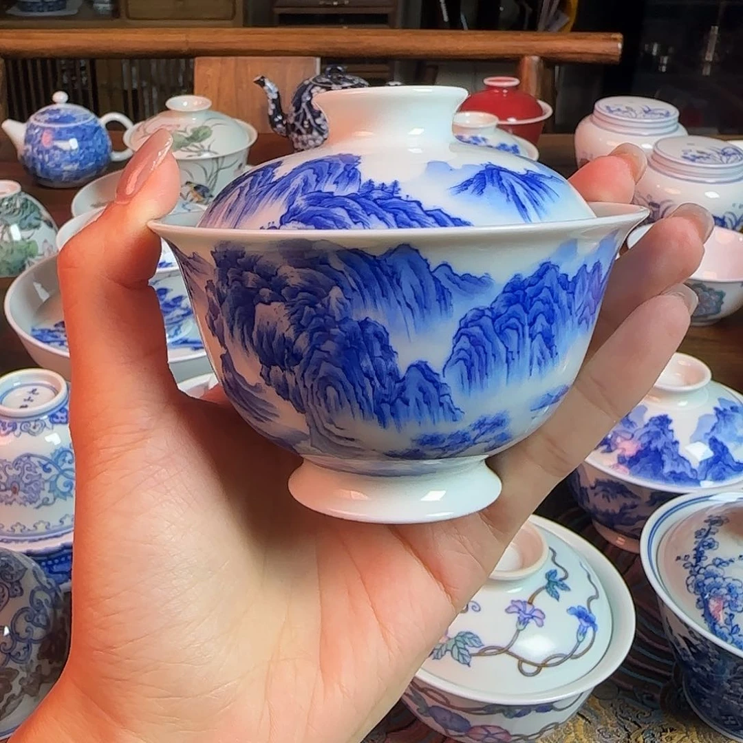 重工山水盖碗纯手绘