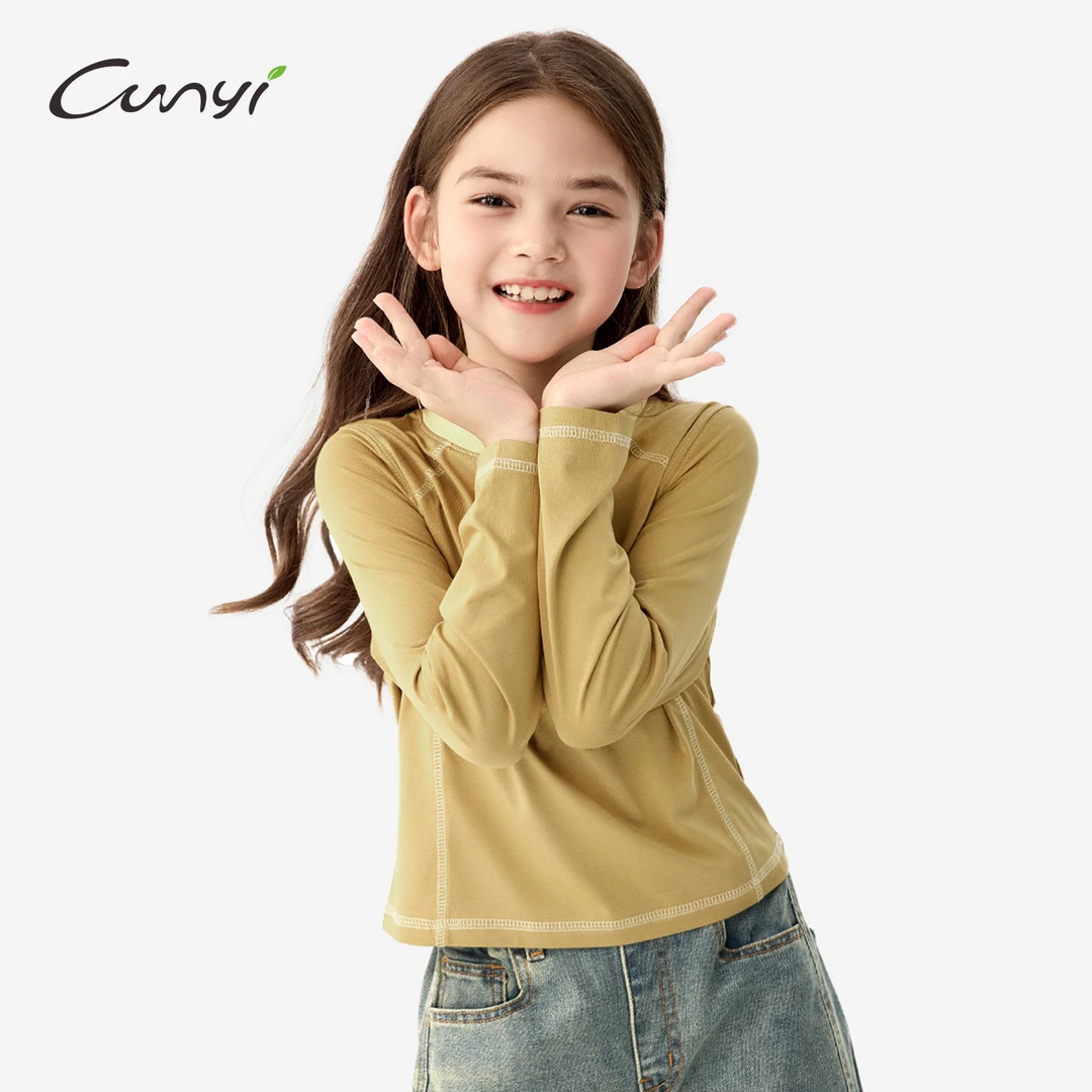 纯一良品童装女童长袖T恤2025秋季新款中大童撞色圆领正肩短上衣