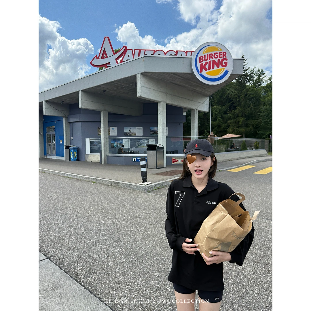 THEISSN宁司 刺绣polo领长袖T恤女早秋宽松显瘦上衣 01135