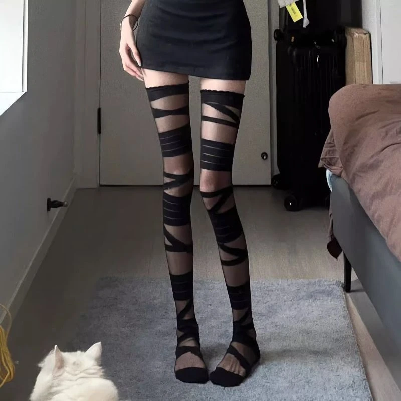 夏季绑带过膝袜性感辣妹绷带长筒袜女白色薄款jk黑丝薄洛丽塔长袜
