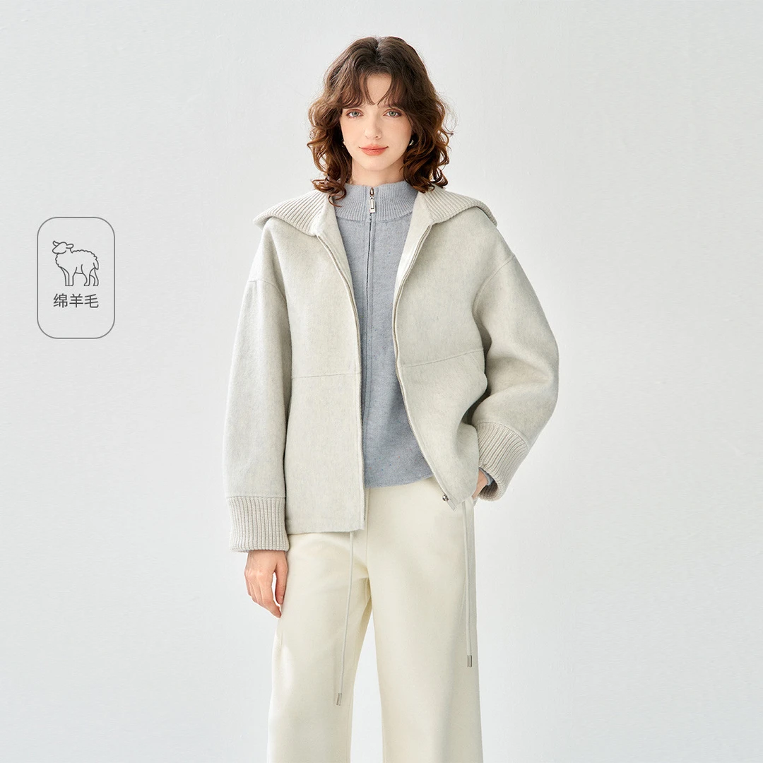 2025冬款拼接连帽短款毛呢外套洋气羊毛休闲双面呢大衣女N54JD013