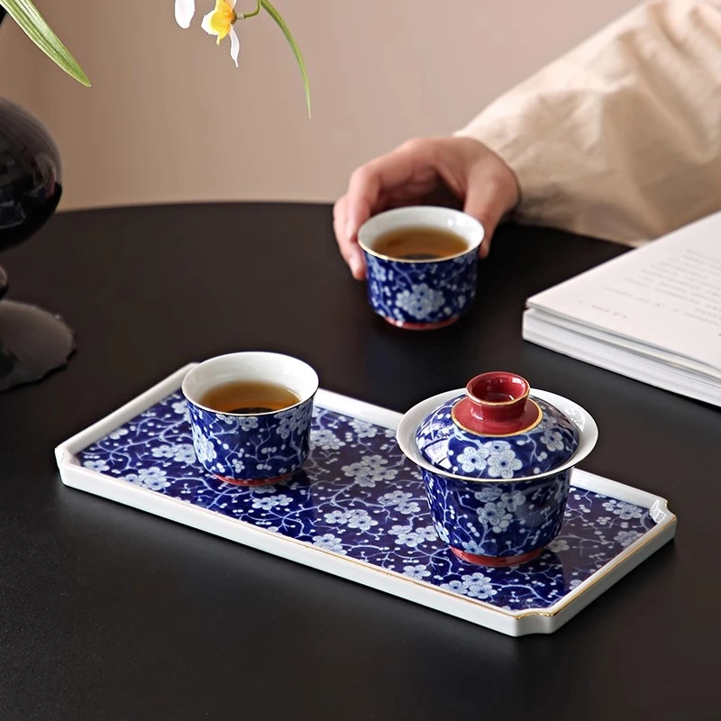 青花马蹄悬停高档家用陶瓷盖碗釉下彩国风防烫茶碗中式冰梅带茶具