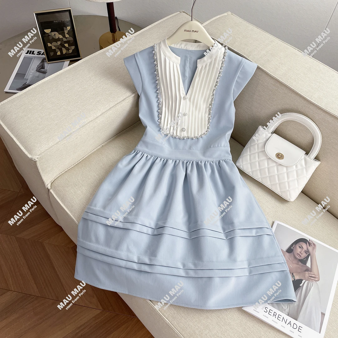 【蓝色海洋】法式甜美小香撞色V领压褶收腰公主风连衣裙女DY7564