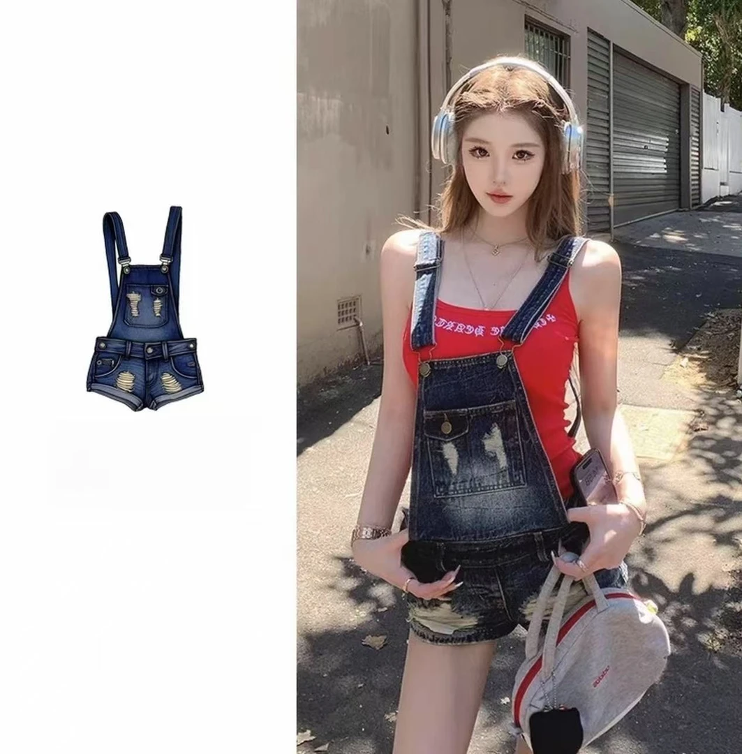 【可乐专属】美式千禧辣妹磨破牛仔超短裤背带裤女夏季百搭高腰短裤