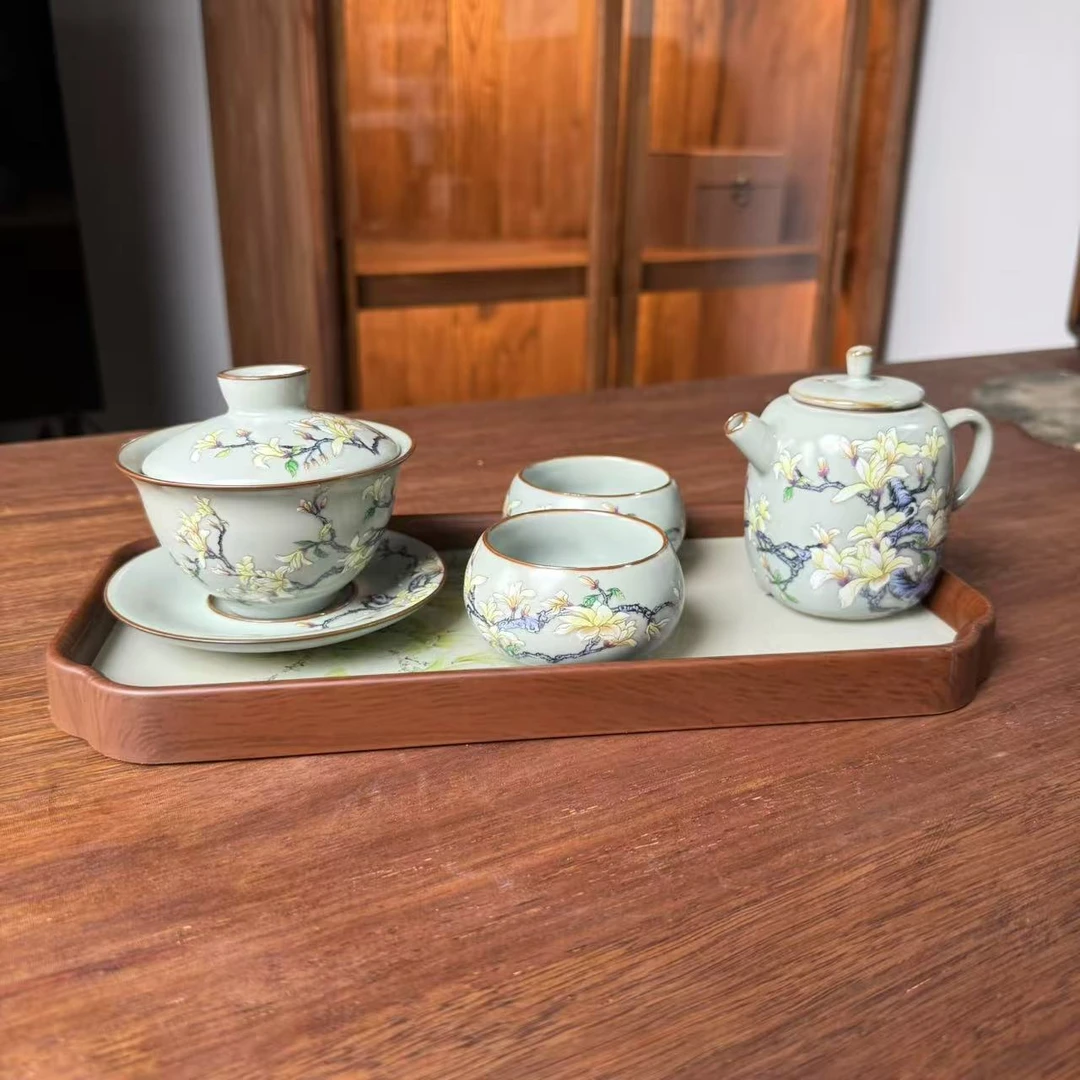 （胡子茶器）汝窑玉兰花三才盖碗带两杯加茶壶带托盘 MC087