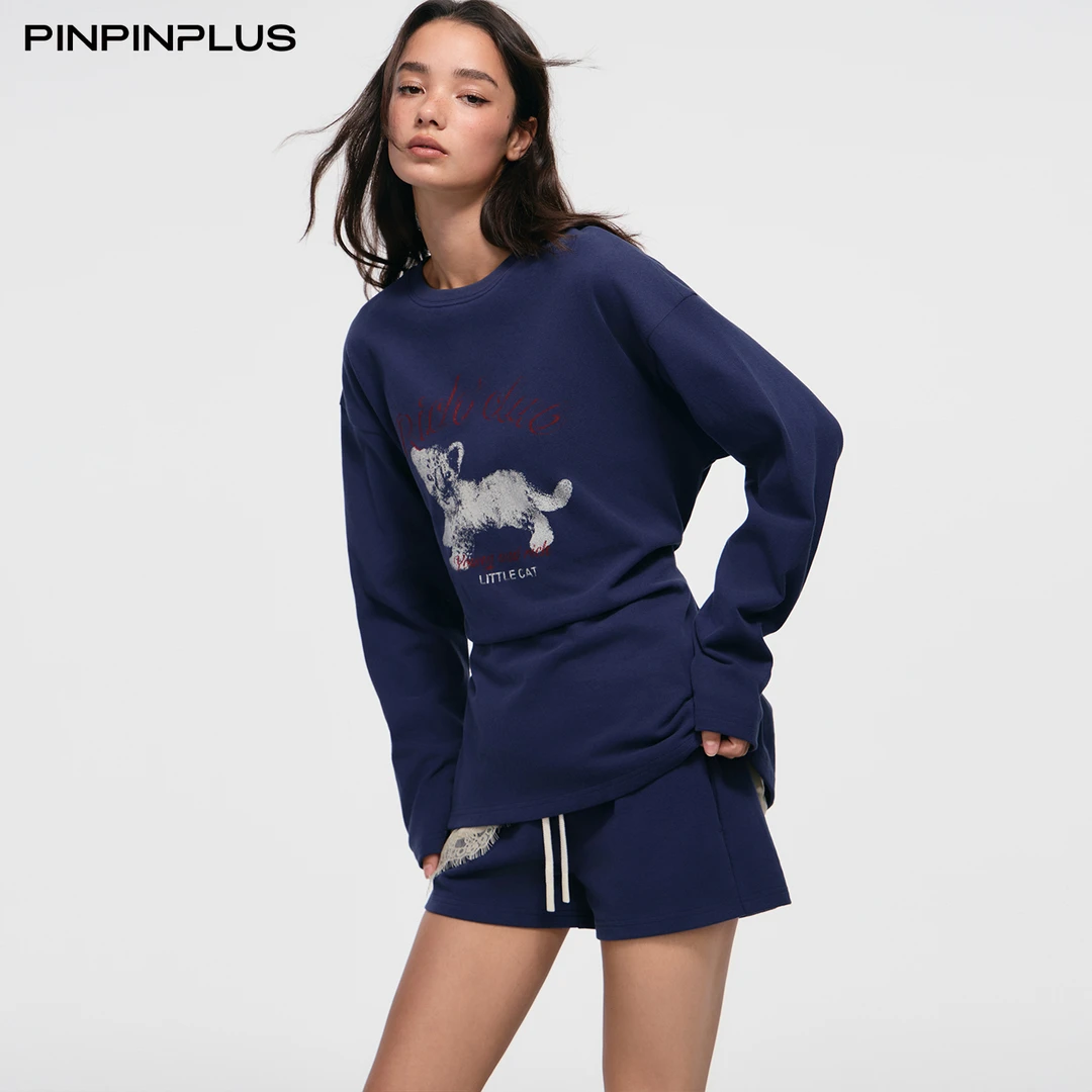 【陈橙】PINPINPLUS秋季休闲卫衣套装字母印花长袖百搭宽松运动短裤
