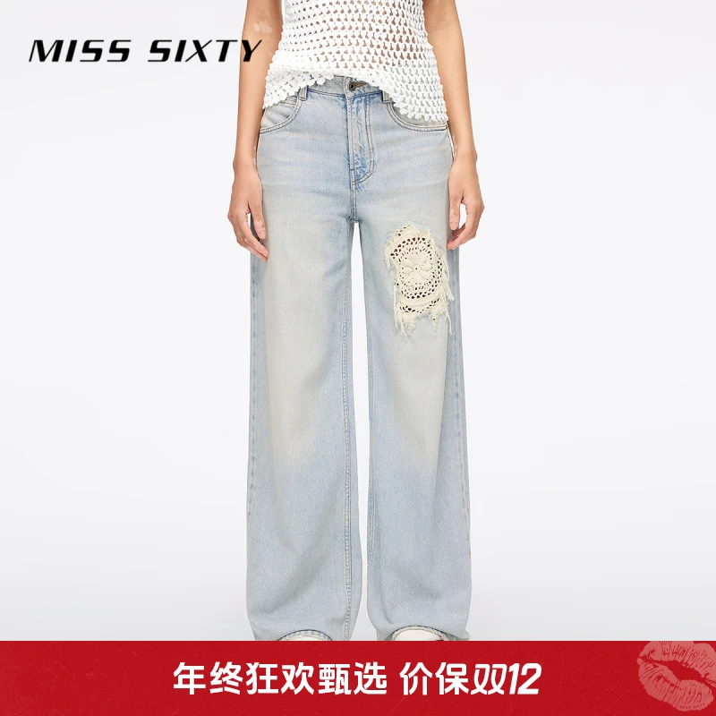 Miss Sixty2025夏季新款牛仔裤女显瘦直筒裤破洞钩花波西米亚风