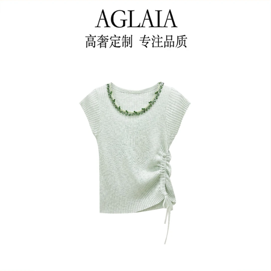 AGLAIA~2026夏季新款设计感钉珠抽绳修身显瘦圆领短袖针织衫6933