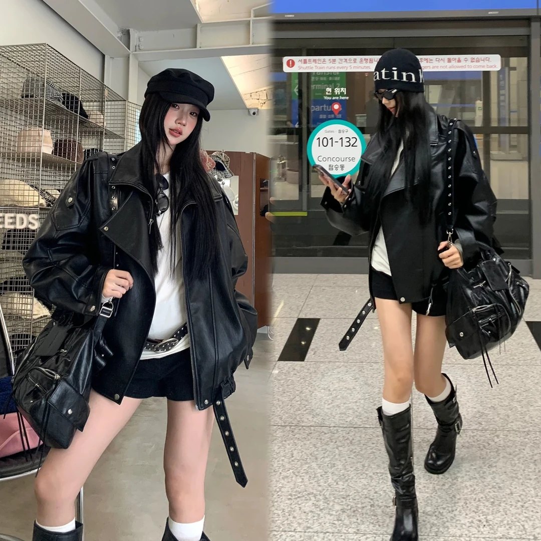 秋季新款大码高级感阔版皮衣黑色机车复古夹克