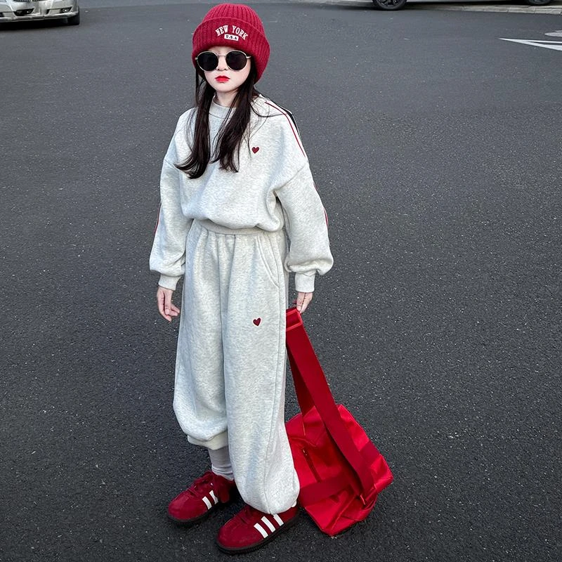 女童休闲运动套装2024新款冬装女大童洋气时髦秋冬加绒卫衣两件套