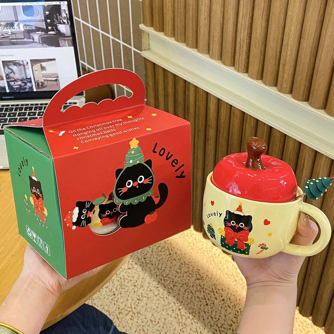 圣诞礼物苹果可爱陶瓷马克杯高颜值水杯创意杯子带盖女生闺蜜FFF