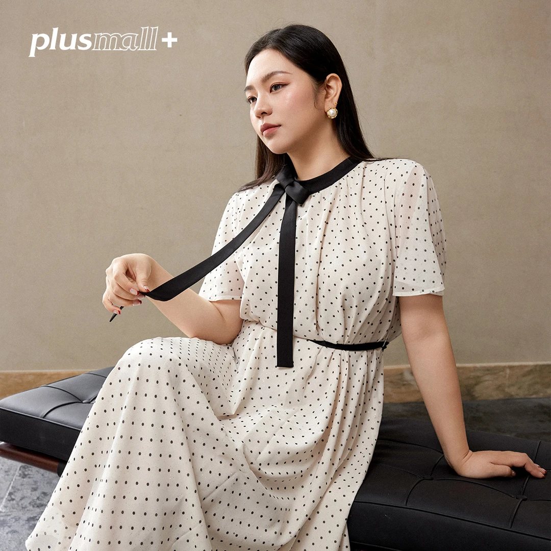PLUSMALL 波洛克幻想 温柔蝴蝶结飘带领飞袖波点连衣裙PM2502070
