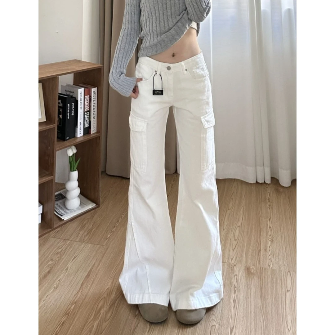 高个子加长美式白色微喇工装牛仔裤女设计多口袋直筒阔腿拖地长裤