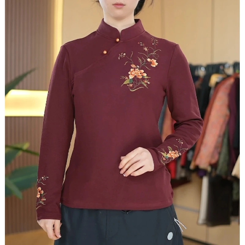 新款中式立领刺绣加绒打底衫GT001