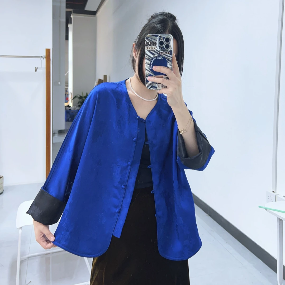 电光蓝双面穿40姆米皮子重缎贵妇面料开衫外套
