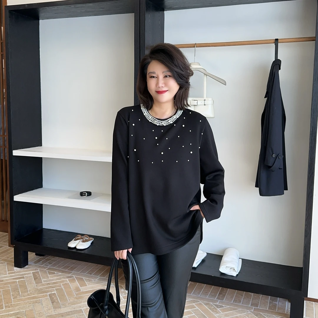 微胖女装【繁星卫衣】重工奢华珍珠加绒卫衣高级感设计款保暖20863