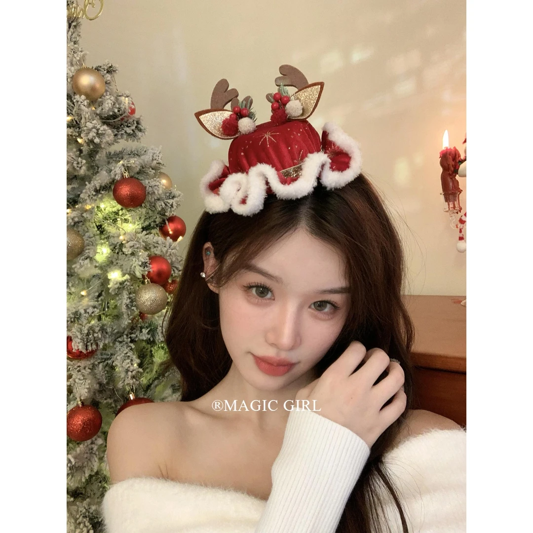 圣诞节氛围感鹿角帽子发夹头饰毛绒麋鹿小礼帽发卡发饰装扮饰品女