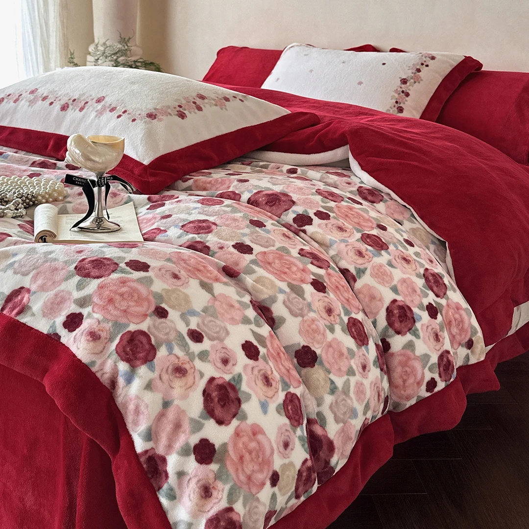 I-Will/艾维冬天结婚四件套牛奶绒双面绒床单被套大红色被罩巴黎