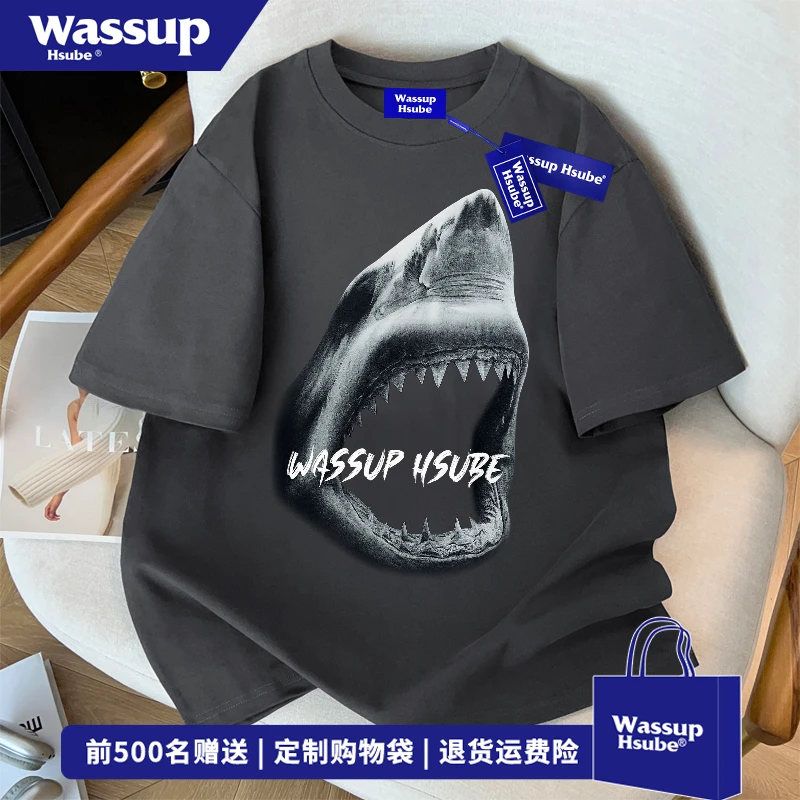 WASSUP HSUBE美式复古风暗黑鲨鱼印花纯棉T恤男高街百搭短袖上衣