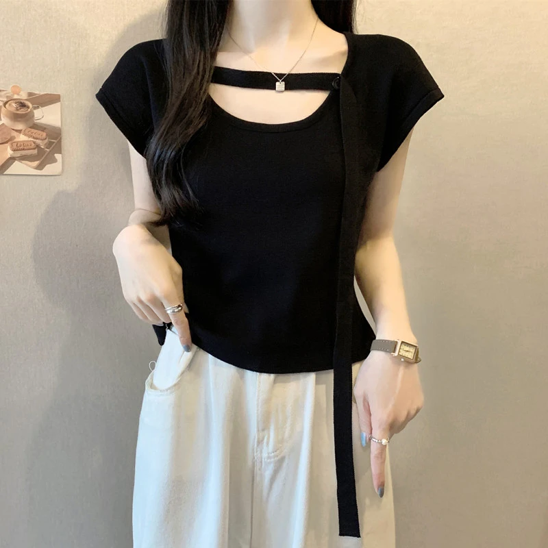 大码女装设计感遮肚子飞飞袖条纹短袖T恤女夏季胖mm显瘦冰丝上衣