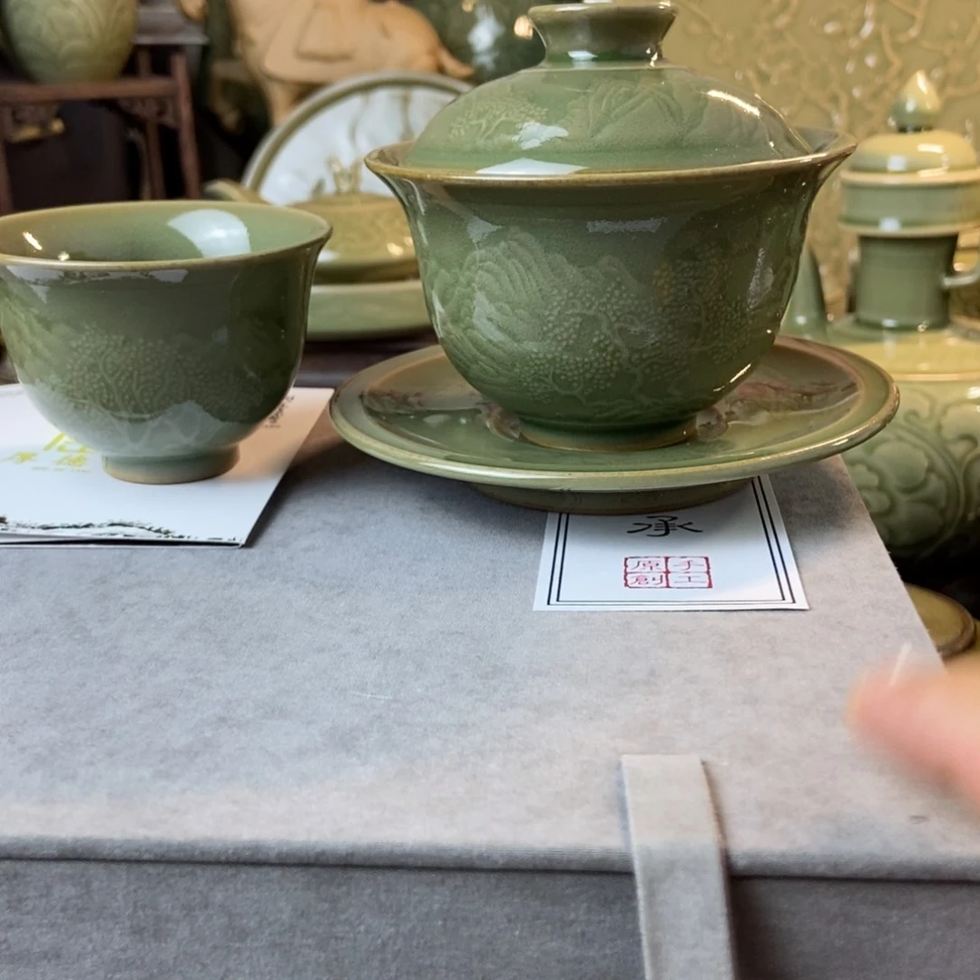 耀州窑耀州窑福利款三才盖碗一套礼盒两杯