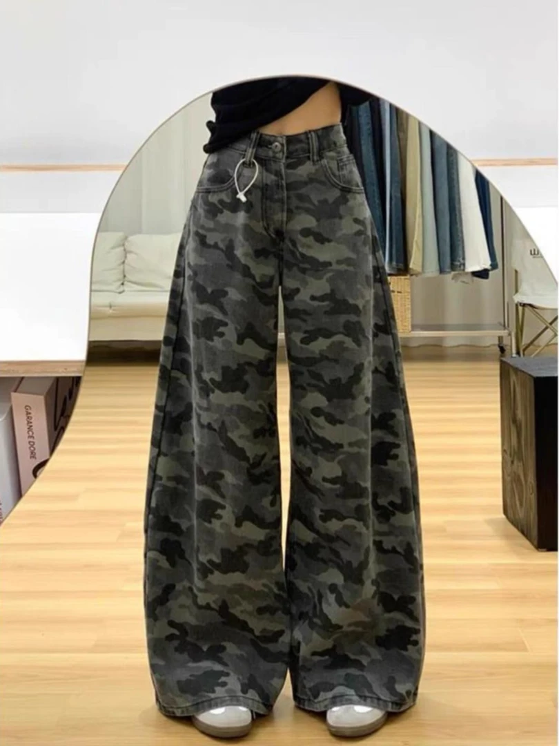 美式高街迷彩阔腿牛仔裤女休闲夏薄款直筒垂感拖地长裤子显瘦