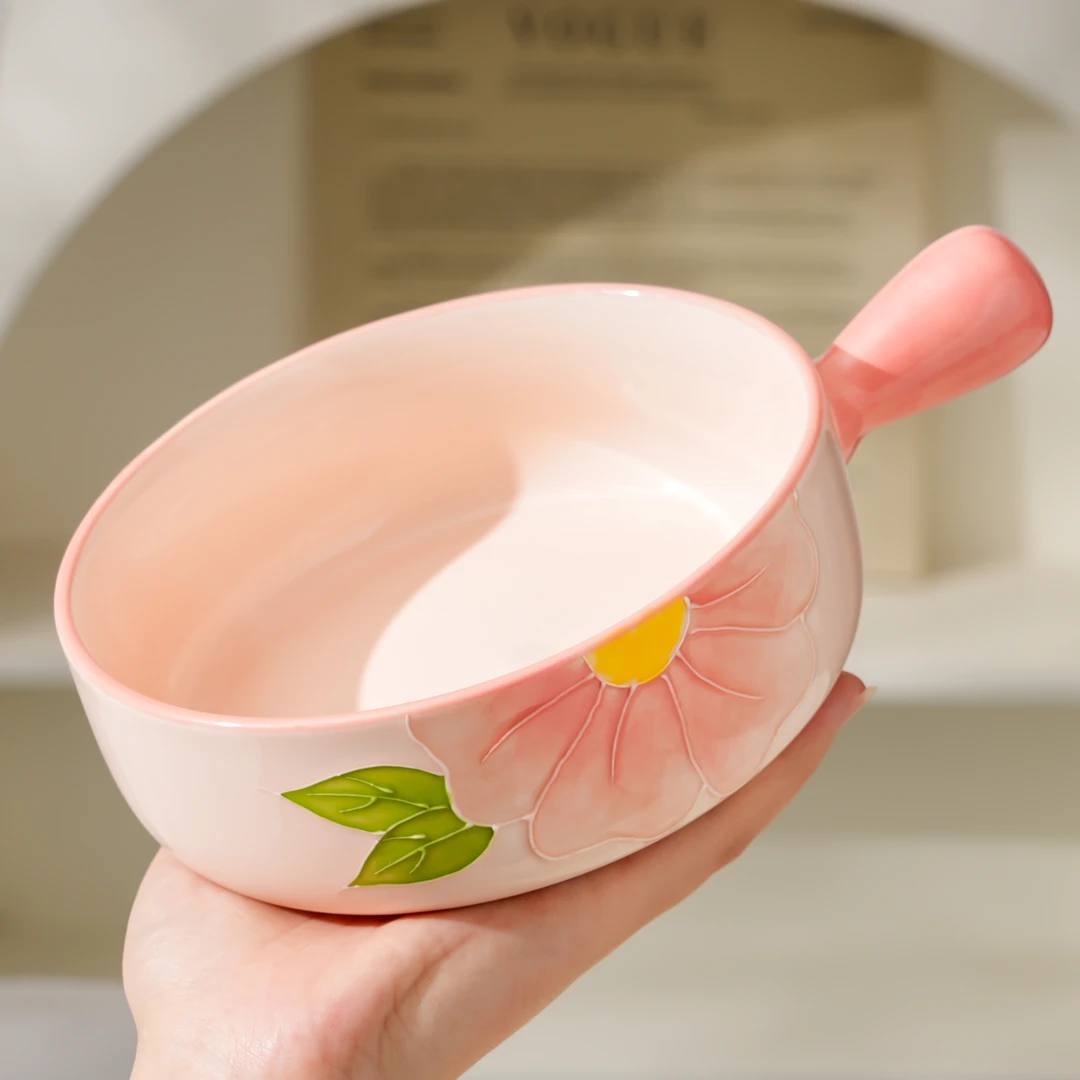 【清晨物语】6英寸1碗1勺陶瓷高温釉下彩手绘浮雕手柄碗小清新面碗